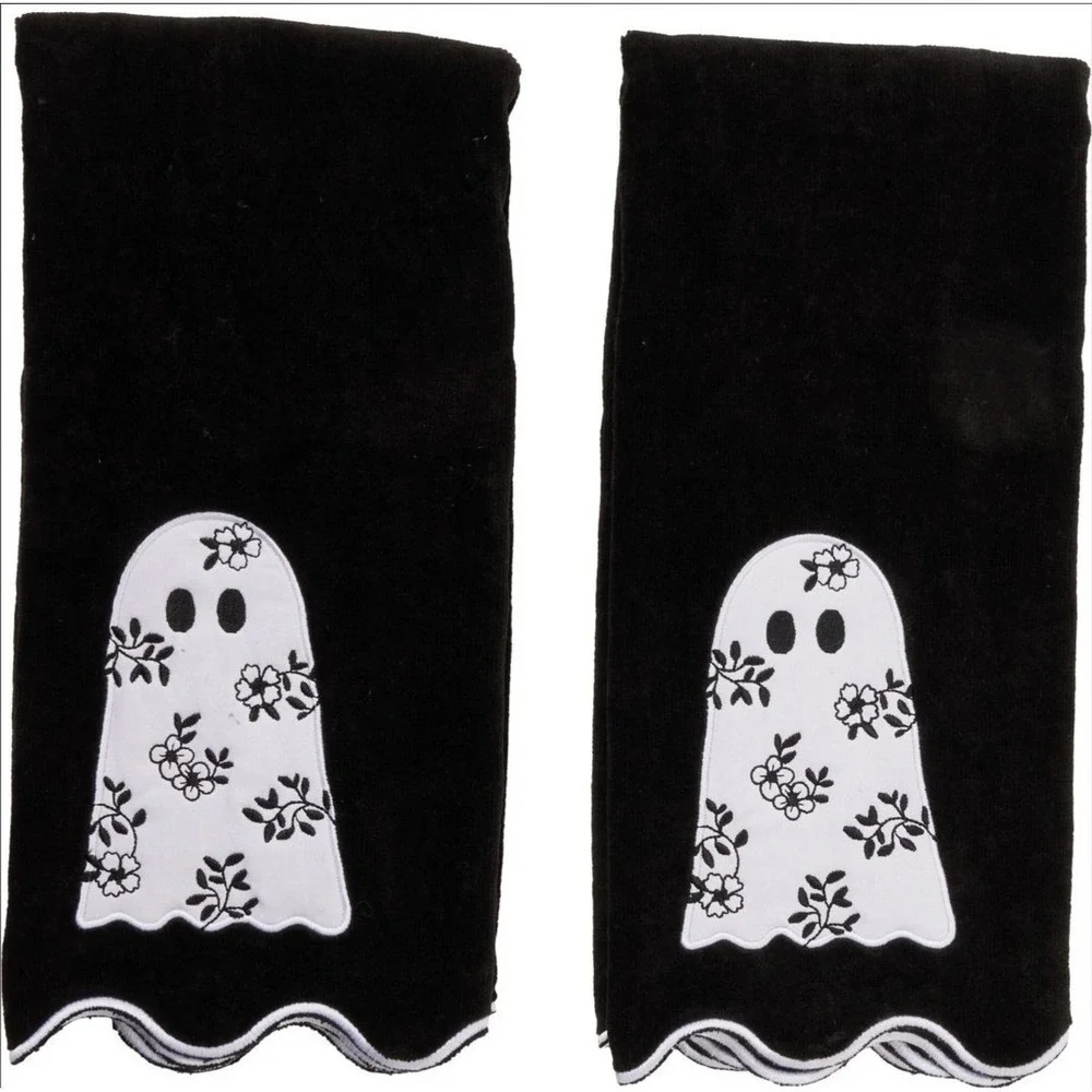 Kassatex Floral Ghost Velour Embellished Hand Towel Set 2-Pack, 18x28 Halloween